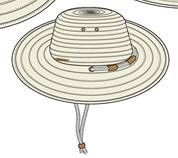 HAT WITH BRIM AND DRAW STRING FASTENING TO SECURE UNDER THE CHIN.  MADE OF TEXTILE MATERIAL 50% COTTON AND 50% POLYESTER.  1.5 CM WIDE STRIPS OF MATERIAL (NOT PLAITED).  THE TEXTILE STRIPS ARE  SEWN INTO A SPIRAL CONSTRUCTION TO FORM THE HAT.