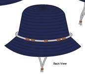 HAT WITH SMALL BRIM AND DRAW STRING FASTENING TO SECURE UNDER THE CHIN.  MADE OF TEXTILE MATERIAL 50% COTTON AND 50% POLYESTER.  1.5 CM WIDE STRIPS OF MATERIAL (NOT PLAITED).  THE TEXTILE STRIPS ARE  SEWN INTO A SPIRAL CONSTRUCTION TO FORM THE HAT.  HAT HAS DECORATIVE TRIM ARROUND THE JOIN OF THE HAT AND BRIM.