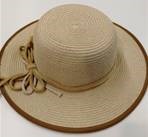 HAT WITH LARGE BRIM AND DECORATIVE BOW.  HAT IS MADE OF 100% PAPER.  THE PAPER STRIPS ARE 1 CM WIDE AND PRE-MADE INTO PLAITING STRIPS .  THE PLAITING STRIPS ARE THEN SEWN IN TO A SPIRAL CONSTRUCTION TO FORM THE  HAT.