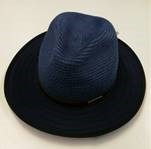 HAT WITH SMALL BRIM.  CROWN OF THE HAT IS MADE OF 100% PAPER.  THE PAPER STRIPS ARE 1 CM WIDE AND PRE-MADE INTO PLAITING STRIPS .  THE PLAITING STRIPS ARE THEN SEWN IN TO A SPIRAL CONSTRUCTION TO FORM THE CROWN PART OF THE HAT.   THE BRIM IS MADE FROM POLY COTTON (80% POLYESTER AND 20% COTTON).