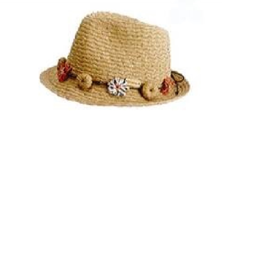 LADIES STRAW HAT WITH BRIM AND DECORATIVE TRIM.  MADE OF 100% STRAW.  THE STRAW STRIPS ARE 1.5 CM WIDE AND PRE-MADE INTO PLAITING STRIPS .  THE PLAITING STRIPS ARE THEN SEWN IN TO A SPIRAL CONSTRUCTION TO FORM THE HAT.   AROUND THE JOIN OF THE HAT AND BRIM THERE IS A TIE WHICH HAS FLORAL DECORATIONS ATTACHED TO IT.