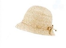 LADIES STRAW HAT WITH BRIM.  MADE OF 100% STRAW.  THE STRAW STRIPS ARE 1 CM WIDE AND PRE-MADE INTO PLAITING STRIPS.  THE PLAITING STRIPS ARE THEN SEWN IN TO A SPIRAL CONSTRUCTION TO FORM THE HAT.   THE HAT HAS DECORATIVE TIE AROUND THE JOIN OF THE HAT AND BRIM.