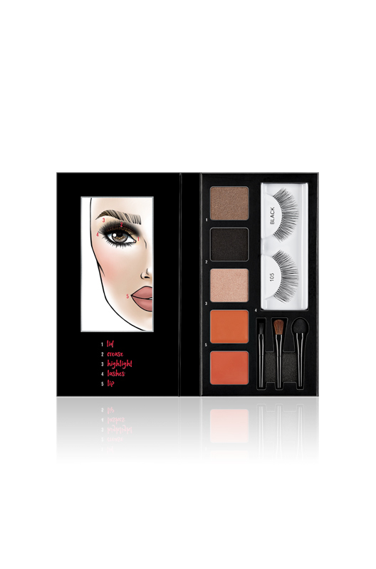 A MAKE-UP KIT CONTAINING A PAIR OF FALSE EYELASHES, THREE EYESHADOWS, TWO LIP COLOURS AND THREE MINI APPLICATORS.