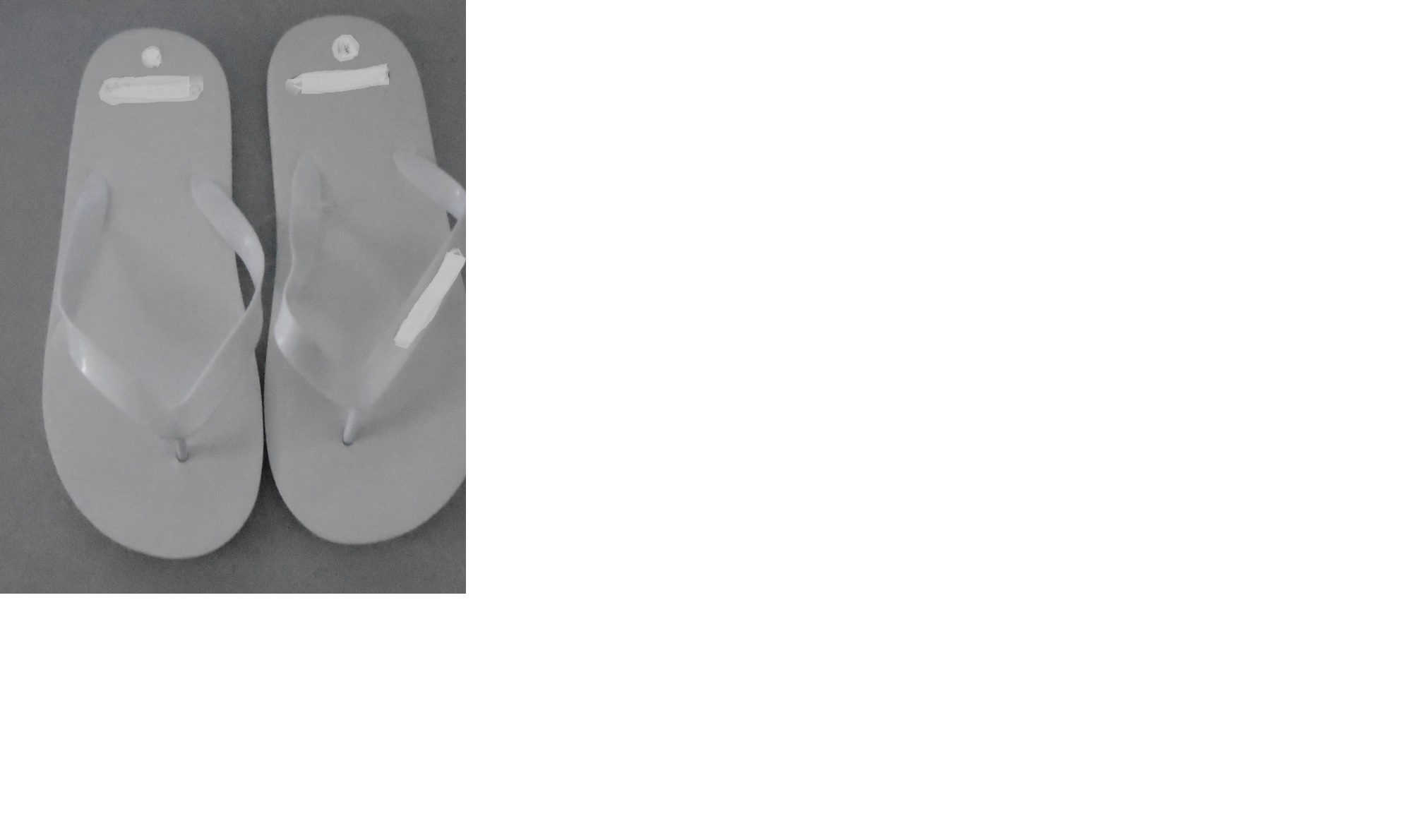 THONG STYLE FLIP FLOPS.  FOR UNISEX.  WITH AN UPPER COMPRISING OF A RUBBER STRAP ASSEMBLED TO THE OUTER SOLE BY MEANS OF THREE PLUGS.  OUTER SOLE OF ETHYLENE-VINYL ACETATE (EVA) PLASTIC.  INSOLE LENGTH MORE THAN 24CMS.   NOT COVERING THE ANKLE.  WHITE IN COLOUR.  NAME PRINTED ON HEEL SECTION OF INNER SOLE ON BOTH FLIP FLOPS AND ON THONG STRAP OF LEFT FLIP FLOP.  PACKAGED READY FOR RETAIL SALE IN A PLASTIC BAG.
