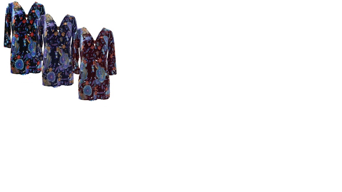 A KNITTED FLORAL PRINT TUNIC TOP FOR WOMEN. WITH ¾ LENGTH SLEEVES. THE TOP IS FRONTED BY A KNOT-FRAMED KEYHOLE. MADE OF 94% POLYESTER AND 6% SPANDEX. AVAILABLE IN THREE DIFFERENT COLOURS.