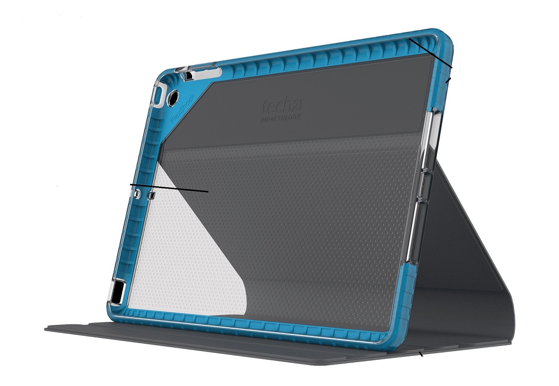 A TABLET CASE WHICH OPENS TO FORM A STAND TO PUT THE TABLET ON. THE FRONT IS MADE OF A MOULDED POLYURETHANE, AND THE BACK IS MADE OF A MOULDED TPU, PLASTIC AND SILICONE. THE SIDES ARE ALSO MADE OF A PLASTIC AND SILICONE MATERIAL, WHICH IS DESIGNED TO ABSORB IMPACT IF DROPPED. IT MEASURES 1.5 X 24.7 X 17.7 CMS