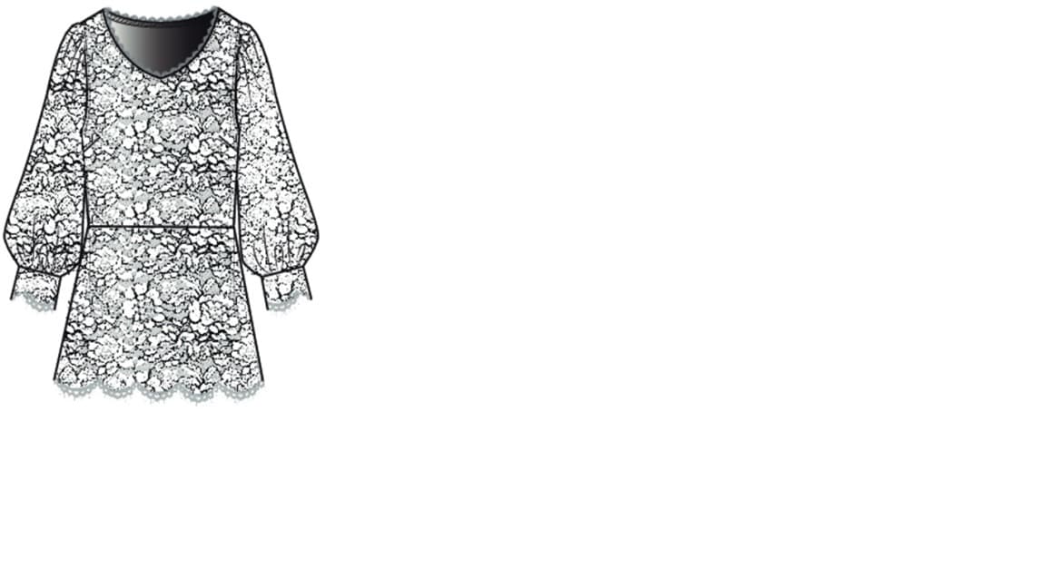 A KNITTED SCOOP NECK LACE PEPLUM TOP, SEMI-FITTED THROUGH THE BUST AND WAIST FLARING OUT TO A PEPLUM BOTTOM OPENING WITH A SCALLOPED BOTTOM. SEMI FITTED THROUGH THE SLEEVES WITH TIGHTENING AT THE CUFFS. THE DESIGN IS TO FOLLOW THE LINES OF THE BODY WITH ADDED WEARING EASE. MADE OF 40% NYLON, 30% COTTON, AND 30% POLYESTER. LINING 100% POLYESTER.