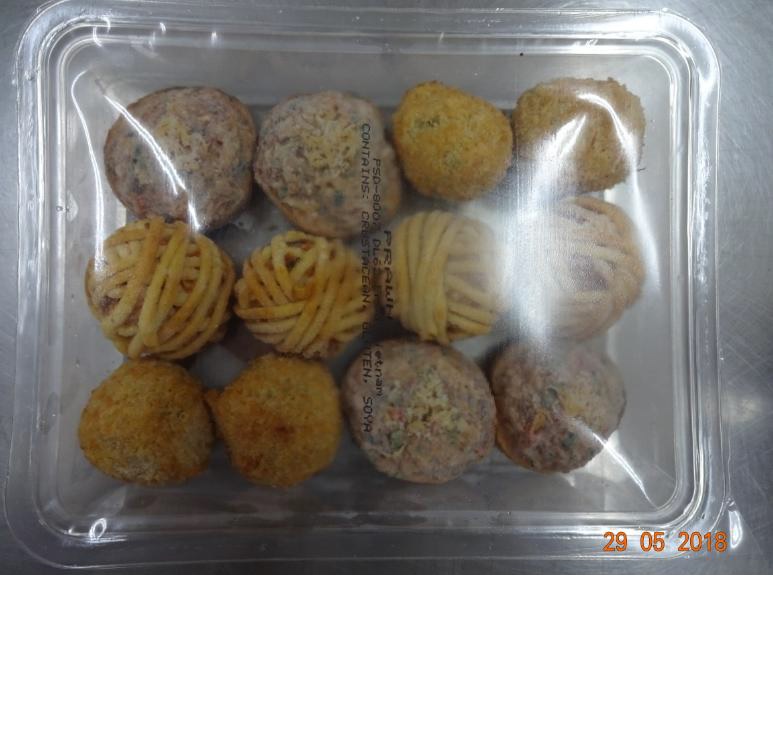 A PACK OF TWELVE PRAWN BASED ITEMS, COOKED AND FROZEN. PRAWN SPECIES IS PENAEUS MONODON. THERE ARE THREE VARIETIES WITH FOUR EXAMPLES OF EACH. THE THREE VARIETIES ARE PRAWN BAGUETTE TOASTS WITH 56% PRAWNS, PRAWN AND COCONUT BITES WITH 41% PRAWNS AND PRAWN AND POTATO LATTICE BALLS WITH 33% PRAWNS. THEY ARE ALL SPHERICAL WITH A WEIGHT OF 25 GRAMMES EACH. OTHER INGREDIENTS INCLUDE VARIOUS VEGETABLES AND SEASONINGS. IN A PLASTIC CONTAINER WITH A HEAT SEALED LID.