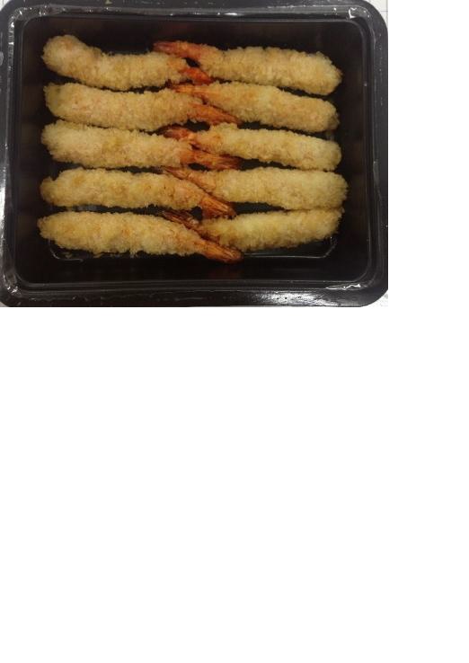 TIGER PRAWNS, WITH TAIL ON, OF THE SPECIES PENAEUS MONODON, COATED IN BATTER AND BREADCRUMBS. INGREDIENTS ARE TIGER PRAWNS 57%, WHEATFLOUR, SUNFLOWER OIL, TAPIOCA STARCH, PALM OIL, SALT, CORNFLOUR, SUGAR, DRIED YEAST AND SODIUM BICARBONATE. THE PRODUCT IS FRIED, AND THEN FROZEN. PACKAGED FOR RETAIL SALE
