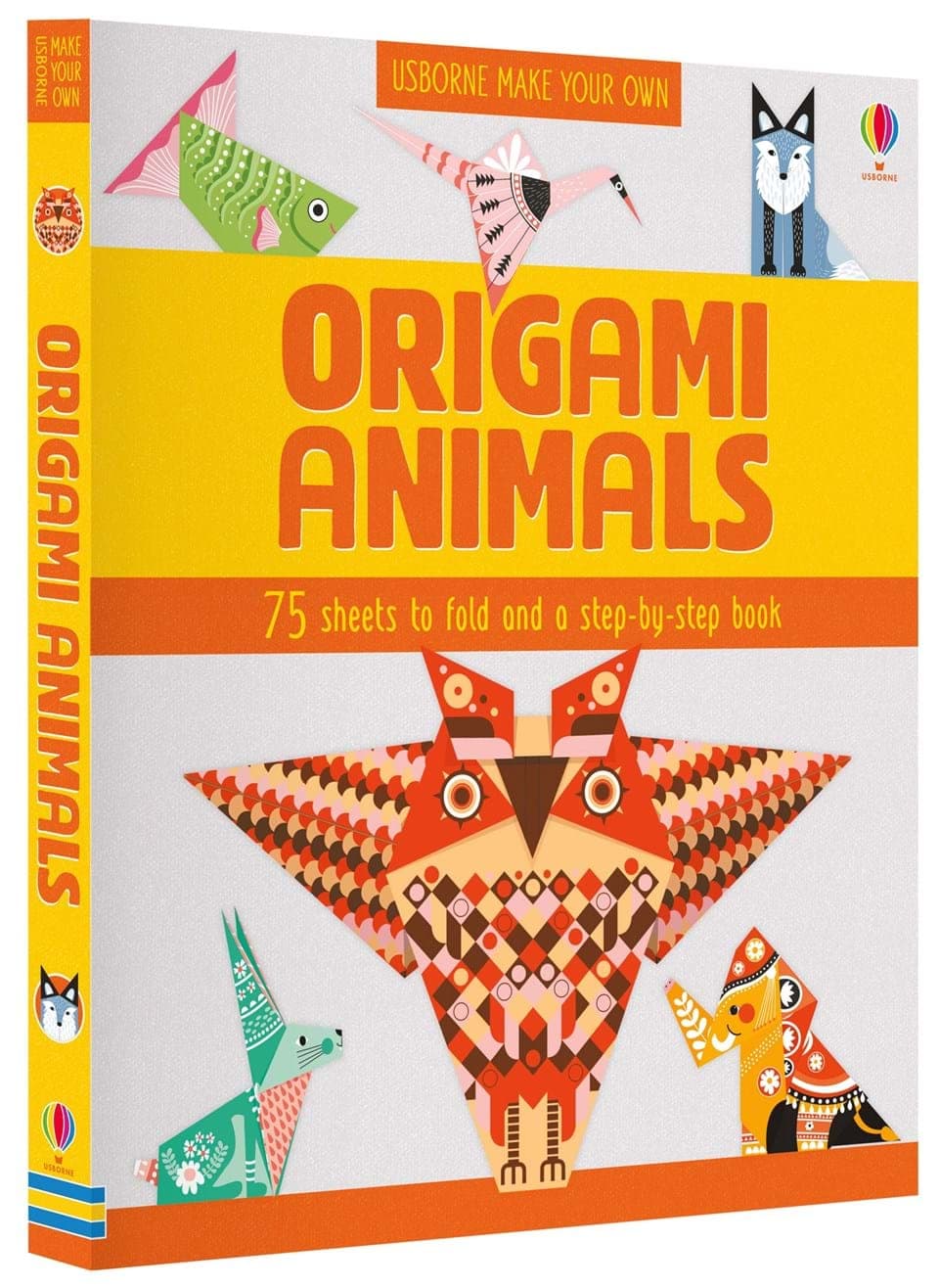 A CHILDRENS BOOK CONTAINING 75 SHEETS OF SPECIALLY PRINTED PAPER FOR CHILDREN TO FOLD INTO ORIGAMI  ANIMAL 3D SHAPES. THE BOOK HAS STEP-BY-STEP INSTRUCTIONS FOR MAKING AN OWL, DRAGON, FISH, ELEPHANT, FOX, RABBIT, WHALE AND CRANE. AIMED AT CHILDREN AGED 7 YEARS AND UPWARDS.