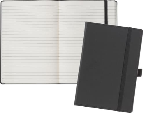 A5 NOTE BOOK CONSISTS OF RECYCLED PAPER. THE NOTE BOOK CONTAINS 96 PAGES THAT ARE CREAM COLOURED AND LINED. BLACK PVC COVER WITH ELASTICATED CLOSURE, PEN HOLDER AND RIBBON PAGE DIVIDER. DIMENSIONS 21 X 14 X 1.6 CM. WEIGHT (KGS) 0.300