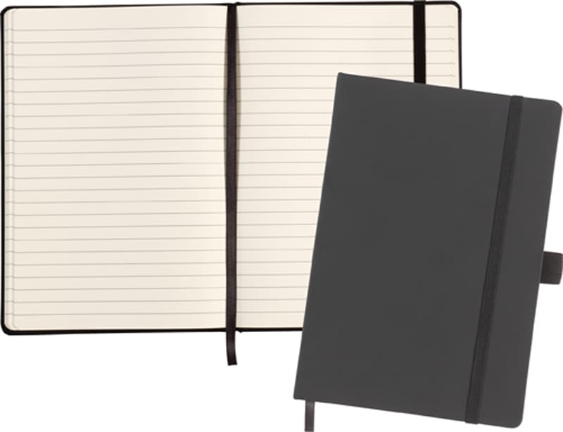 SOFT FEEL PVC NOTE BOOK CONSISTING OF 96 SHEETS OF RECYCLED CREAM PAPER WITH BLACK RULE LINE DISTANCE 8MM. THE NOTE BOOK HAS A CREAM PAPER TUCK POCKET INSIDE BACK COVER AND ELASTIC PEN LOOP AND CORD FOR CLOSURE. DIMENSIONS 21 X 14 X 1.6 CM. WEIGHT (KGS) 0.300