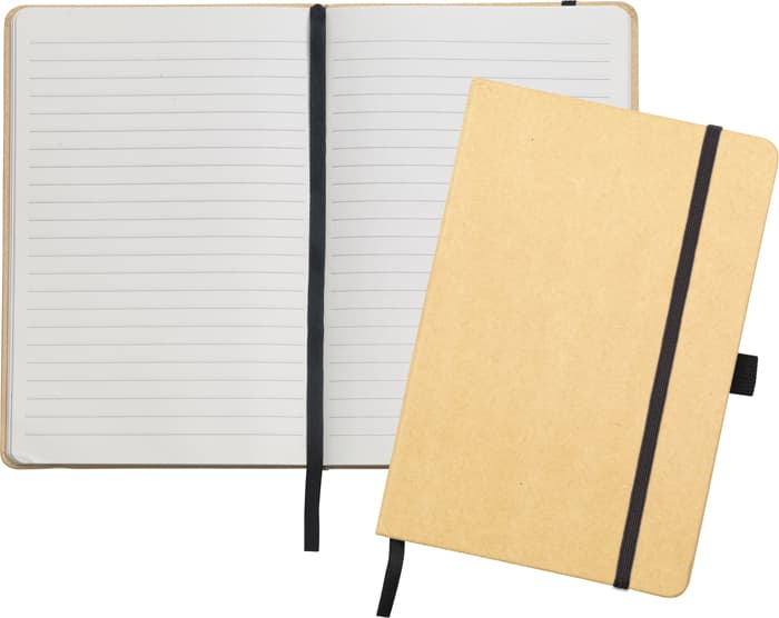 ECO NOTE BOOK WITH KRAFT PAPER COVER WITH ELASTIC CLOSURE, ELASTIC PEN LOOP AND RIBBON IN CONTRASTING COLOURS. THE NOTE BOOK CONTAINS 100 SHEETS OF RECYCLED PAPER. DIMENSIONS 14  X  21  X 1.5 CM. WEIGHT (KGS) 0.280