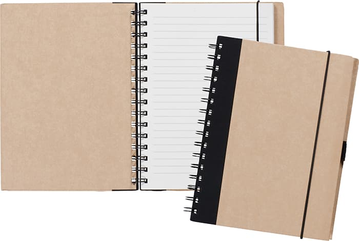 A5 NOTE BOOK CONSISTS OF RECYCLED PAPER. THE NOTE BOOK CONTAINS 96 PAGES THAT ARE CREAM COLOURED AND LINED. CREAM COLOURED PVC COVER WITH ELASTICATED CLOSURE, ELASTIC PEN HOLDER AND RIBBON PAGE DIVIDER. DIMENSIONS 21 X 14 X 1.6 CM. WEIGHT (KGS) 0.300