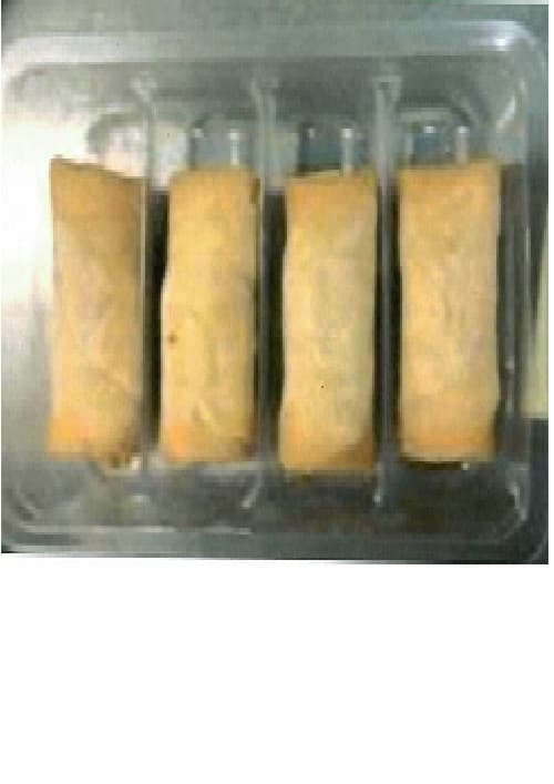 4 CHICKEN SPRING ROLLS 200 GRAMS.  FILLING OF CHICKEN, VEGETABLES MIX WITH SEASONING AND SAUCE, WRAPPED WITH PASTRY SHEET IN CYLINDER SHAPE.  FULLY DEEP FRY COOKED AND THEN INDIVIDUALLY QUICK FROZEN. CONTAINING 25% OR MORE BUT LESS THAN 57% BY WEIGHT OF POULTRY MEAT OR OFFAL.