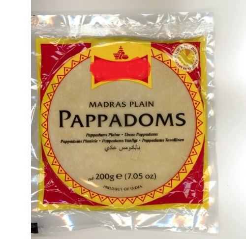 PACK OF MADRAS PLAIN PAPPADOMS.  TO BE FRIED IN HOT OIL BEFORE CONSUMPTION.  200 GRAM PACK CONTAINING NUMEROUS INDIVIDUAL PAPPADOMS.  INGREDIENTS INCLUDE: URID FLOUR (VIGNA MUNGO), RICE FLOUR, SALT, CALCIUM CARBONATE AND COCONUT OIL.  PACKAGED IN PLASTIC WRAPPER READY FOR RETAIL SALE.  NUTRITIONAL INFORMATION, COOKING AND STORAGE INSTRUCTION PRINTED ON BACK OF WRAPPER.
