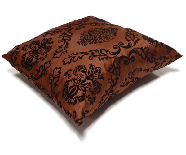 CUSHION COVER. MADE FROM FAUX SILK (WOVEN NYLON) WITH APPLIED DESIGN OF VELVET FLOCK.  WITH ZIP FASTENING. PACKED IN A PLASTIC BAG