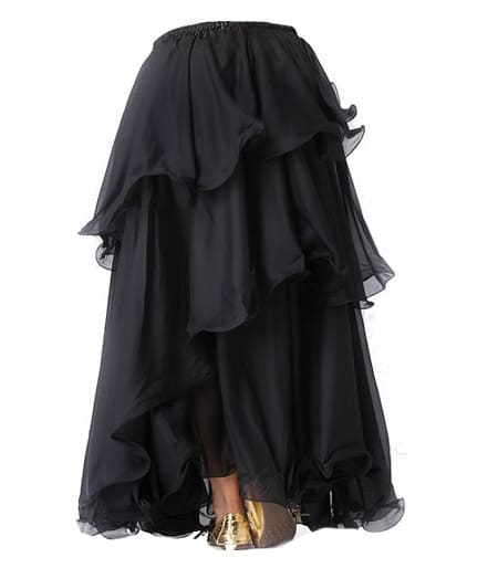 A WOVEN TIERED CHIFFON SKIRT. REACHING DOWN TO THE ANKLES. ELASTICATED WAIST WITHOUT OPENING. HEMMED AT BASE OF EACH TIER WITH THIN WIRE THREADED THROUGH HEMS TO GIVE FLUTED EFFECT. 100% MAN MADE SYNTHETIC. PACKED IN A PLASTIC BAG
