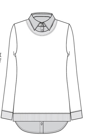 A KNITTED WOMENS TERRY LONG SLEEVE TUNIC CONSTRUCTED OF 95% COTTON, 5% ELASTANE .EXCLUSIVE OF DECORATIONWITH HEM INSERTS. SEMI FITTED WITH ROUND NECK, LONG SLEEVES, RIBBING AT THE BOTTOM. THE SHIRT COLLAR IS PRINTED WITH A PRINTED JERSEY BUTTON FRONT BOTTOM INSERT.