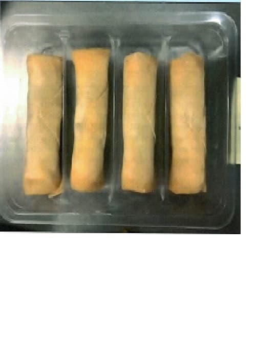 DUCK SPRING ROLLS 200 GRAMS.  FILLING OF DUCK, VEGETABLES MIX WITH SEASONING AND SAUCE, WRAPPED WITH PASTRY SHEET IN CYLINDER SHAPE, FULLY DEEP FRIED COOKED AND THEN INDIVIDUALLY QUICK FROZEN.  PACK OF 4 SPRING ROLLS.  CONTAINING MORE THAN 20% BY WEIGHT OF MEAT.