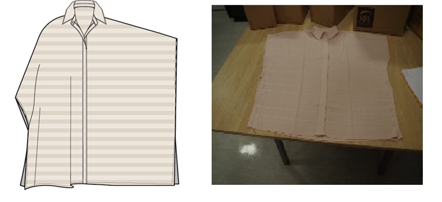A KNITTED SHIRT BLOUSE FOR WOMEN.  SEMI SHEER STRIPED CRINKLE LOOK. REACHING DOWN TO BELOW THE WAIST. ROUND NECK WITH COLLAR. COMPLETE FRONT OPENING FASTENED RIGHT OVER LEFT BY BUTTON PLACKET. STRAIGHT CUT WITH DROP SHOULDER WITH STITCHED SIDE SECTION TO FORM SLEEVE. WITH SIDE SLITS AT THE BASE. 100% POLYESTER
