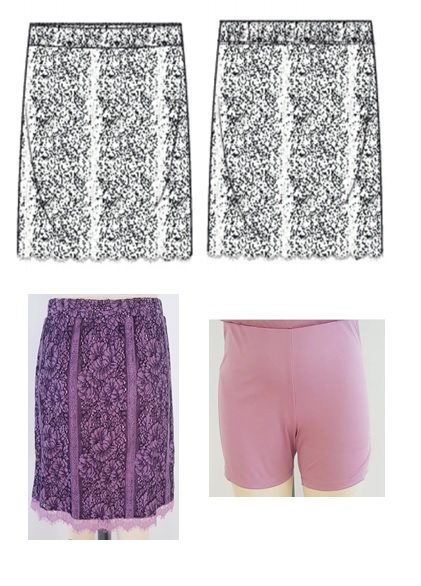 A KNITTED BI-COLOUR LACE SKORT STYLE SKIRT.  FITTED CUT TO FOLLOW THE LINES OF THE BODY. ELASTICATED WAIST WITHOUT OPENING. THE OUTER SKIRT COMPLETELY COVERS THE ATTACHED SHORTS UNDERNEATH.  67% NYLON AND 33% COTTON
