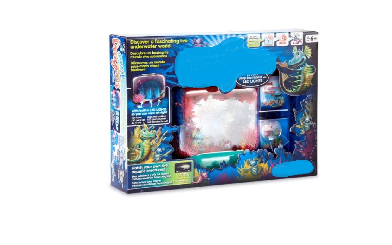 HATCH YOUR OWN LIVE AQUATIC CREATURES KIT. COMPRISING OF A PLASTIC SACHET OF SHRIMP BRINE (ARTEMIA SALINA) EGGS, A PLASTIC SACHET OF FOOD, A PLASTIC TANK WITH BATTERY OPERATED LED LIGHTS IN THE BASE AND DECORATED TO REPRESENT AN UNDERWATER WORLD, A SMALL PLASTIC FEEDING SPOON, A PIPETTE, A MAGNIFIER AND AN INSTRUCTION BOOK. FOR AGES 6+. PRESENTED IN A CARDBOARD BOX.