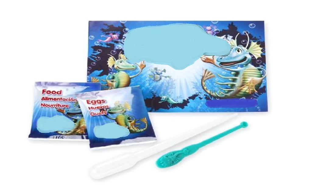 HATCH YOUR OWN LIVE AQUATIC CREATURES KIT. COMPRISING OF A PLASTIC SACHET OF SHRIMP BRINE (ARTEMIA SALINA) EGGS, A PLASTIC SACHET OF FOOD, A SMALL PLASTIC FEEDING SPOON, A PIPETTE AND AN INSTRUCTION BOOK. FOR AGES 6+. PRESENTED IN A BLISTER PACK ON A PRINTED CARDBOARD BACKING CARD.