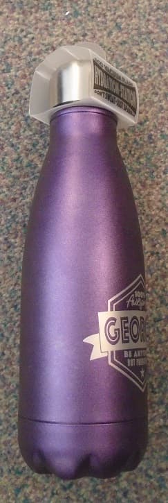 A VACUUM FLASK MADE FROM METAL WITH A METAL INNER. SAMPLE SEEN IS MAUVE IN COLOUR WITH A PRINTED LOGO ON THE FRONT. WITH A SILVER COLOURED SCREW TOP LID. IT WILL KEEP LIQUIDS HOT OR COLD FOR HOURS.