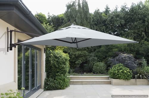 WALL MOUNTED CANTILEVER PARASOL FOR OUTDOOR USE SUPPLIED WITH A PROTECTIVE COVER.  ALUMINIUM POWDER COATED FRAME WITH 14 STRONG 14 MILLIMETRE RIBS.  2 METRE X 2 METRE SQUARE 220 GRAM POLYESTER CANOPY WITH SINGLE AIR VENT.  PACKED IN A STANDARD EXPORT CARDBOARD CARTON.