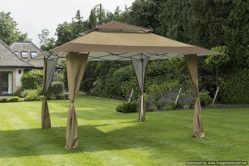 OUTDOOR GARDEN GAZEBO.  FRAME MADE OF STEEL WITH POWDER COATED FINISH.  CANOPY AND SIDE PANELS ARE POLYESTER WITH TRANSLUCENT POLYURETHANE (PU) COATING ON THE OUTER SURFACE (COATING CANNOT BE SEEN BY THE EYE).  SUPPLIED WITH TIE BACK SIDE WALLS.  THE SIDE WALLS DO NOT MEET IF PULLED TOGETHER.  THE GAZEBO IS NON-PERMANENT AND REQUIRES SELF-ASSEMBLY.  GAZEBO IS SUPPLIED WITH ROLLER BAG MADE FROM CARDBOARD WITH PLASTIC WHEELS MEASURING APPROXIMATELY 26 CMS X 26 CMS X 126 CMS.  ALL ITEMS ARE PACKED IN A STANDARD EXPORT CARDBOARD CARTON.