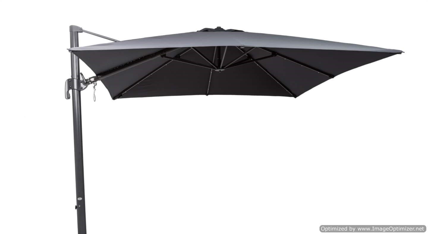 CANTILEVER UMBRELLA/PARASOL FOR OUTDOOR USE SUPPLIED WITH A PROTECTIVE COVER.  ALUMINIUM FRAME WHICH IS POWDER COATED.  THE TWO-WAY TILT OF THE CANOPY CAN BE ACHIEVED WITH A SINGLE BUTTON.  THE PARASOL CAN BE ROTATED THROUGH 360 DEGREES WITH ITS EASY GRIP HAND AND SOFT RELEASE PEDAL LOCATED AT THE BASE OF THE CANTILEVER.  PARASOL COMES WITH A CROSS BASE AS STANDARD.  PACKED IN A STANDARD EXPORT CARDBOARD CARTON.