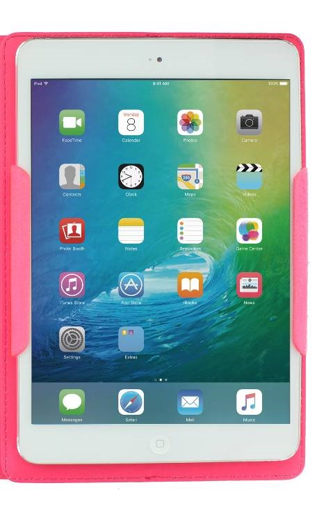 A TABLET CASE WHICH OPENS TO FORM A STAND TO PUT THE TABLET ON. THE FRONT IS MADE OF MOULDED POLYURETHANE LEATHER (PU) WITH A PLASTIC UNIVERSAL GRIP SYSTEM TO FIT TABLETS UP TO 8 INCHES. THE CASE IS DESIGNED TO COMPLETELY ENCLOSE THE DEVICE AND ABSORB IMPACT IF DROPPED.