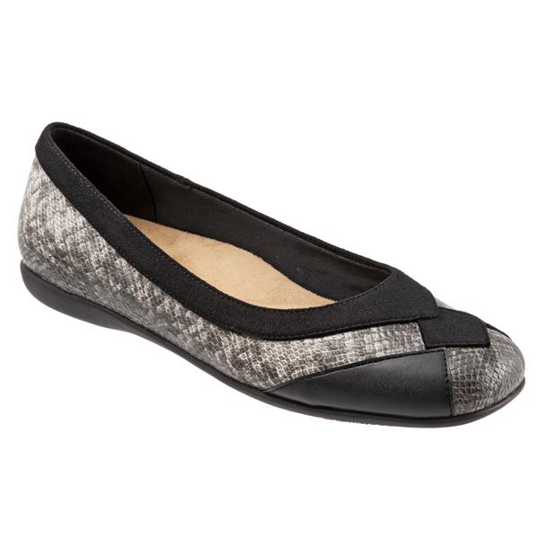 BLACK/WHITE LADIES BALLET SHOE WITH UPPERS OF PLASTIC, SUEDE AND LEATHER WHERE THE PLASTIC PREDOMINATES.  IT HAS A RUBBER SOLE AND FLAT HEEL WITH A REMOVABLE INSOLE. THERE IS SUEDE AROUND THE TOP OF THE SHOE AND A SMALL DIAMOND LIKE SHAPE ON THE VAMP IS SUEDE. THERE ARE 2 PLAIN BLACK LEATHER PANELS TO THE SIDE OF THE SHOE. THE PLASTIC FAUX LEATHER IS PATTERNED. BRAND LOGO ON THE SOLE OF THE SHOE.NOT COVERING THE ANKLE. INSOLE LENGTH OF 24CMS.