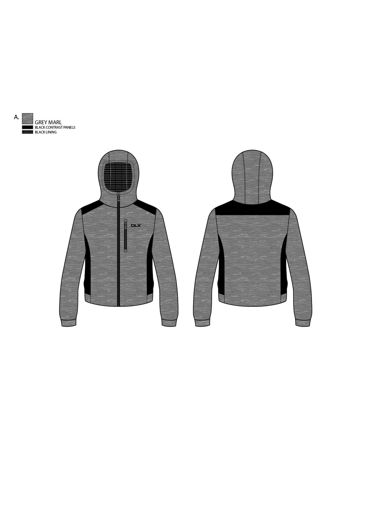 UNISEX KNITTED JACKET.  WITH APPLIED HOOD.  FULL ZIP.  GARMENT SITS ABOVE WAIST. .ZIPPED CHEST POCKET.  SHELL IS MADE FROM POLYESTER, VISCOSE AND ELASTANE WHERE THE POLYESTER PREDOMINATES.  LINING IS SEPERATE TO THE SHELL AND MADE FROM POLYESTER AND ELASTANE.  MEANT TO BE WORN OVER LAYERS OF CLOTHING. GREY IN COLOUR.