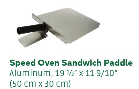 OVEN SANDWICH PADDLE. MADE OF ALUMINIUM (WITH PLASTIC HANDLE). USED TO PUT SANDWICHES, FLATBREAD, SUBS IN TOASTERS AND LARGE OVENS AND REMOVE ONCE TOASTED. THE PADDLE DOES NOT STAY IN THE OVEN WHILST THE ITEMS ARE COOKING.THIS IS USED IN QUICK SERVICE RESTAURANTS  (50 CM X 30 CM)