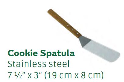 STAINLESS STEEL COOKIE SPATULA, WITH WOODEN HANDLE.7.5 INCHES X 3 INCHES (APPROX 19 CM X 8 CM). USED IN QUICK SERVICE RESTAURANTS