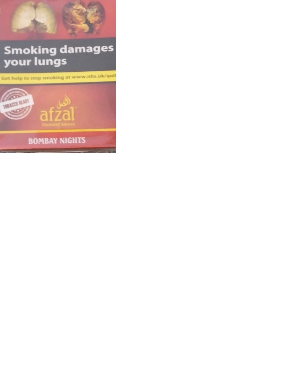FLAVOURED TOBACCO MOLASSES FOR SHISHA/WATERPIPE SMOKING. PACKAGED IN A NET WEIGHT OF 150G. 
THE TOBACCO IS UNDYED, NATURAL BROWN IN COLOUR.  THE LABELLING CONTAINS A HEALTH  WARNING. 
INGREDIENTS INCLUDE  TOBACCO, MOLASSES, FLAVOUR. CONTAINS 0.5% NICOTINE.