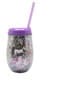 PLASTIC ITEM OF TABLEWARE. A SIPPER DRINK TUMBLER.  MADE OF 85% POLYSTYRENE, 10% POLYPROPYLENE AND 5 % SILICONE.  SIZE 140MM X 90MM (190MM WITH STRAW.  WEIGHT 110 GRAMS. SCREW TOP LID WITH INTEGRATED STRAW.  STEMLESS SHAPE WITH CLEAR BODY WITH UNICORN DECAL WITH GLITTER