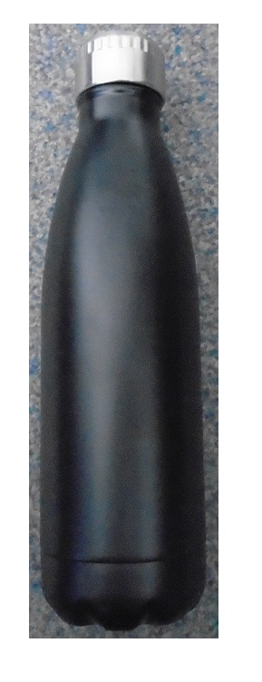 500ML WATER BOTTLE. MADE FROM BPA-FREE STAINLESS STEEL AND IS DOUBLE WALLED VACUUM INSULATED. PRODUCT IS BLACK WITH A SILVER SCREW ON LID. INSIDE THE LID IS A PLASTIC STOPPER AND A RUBBER SEAL.