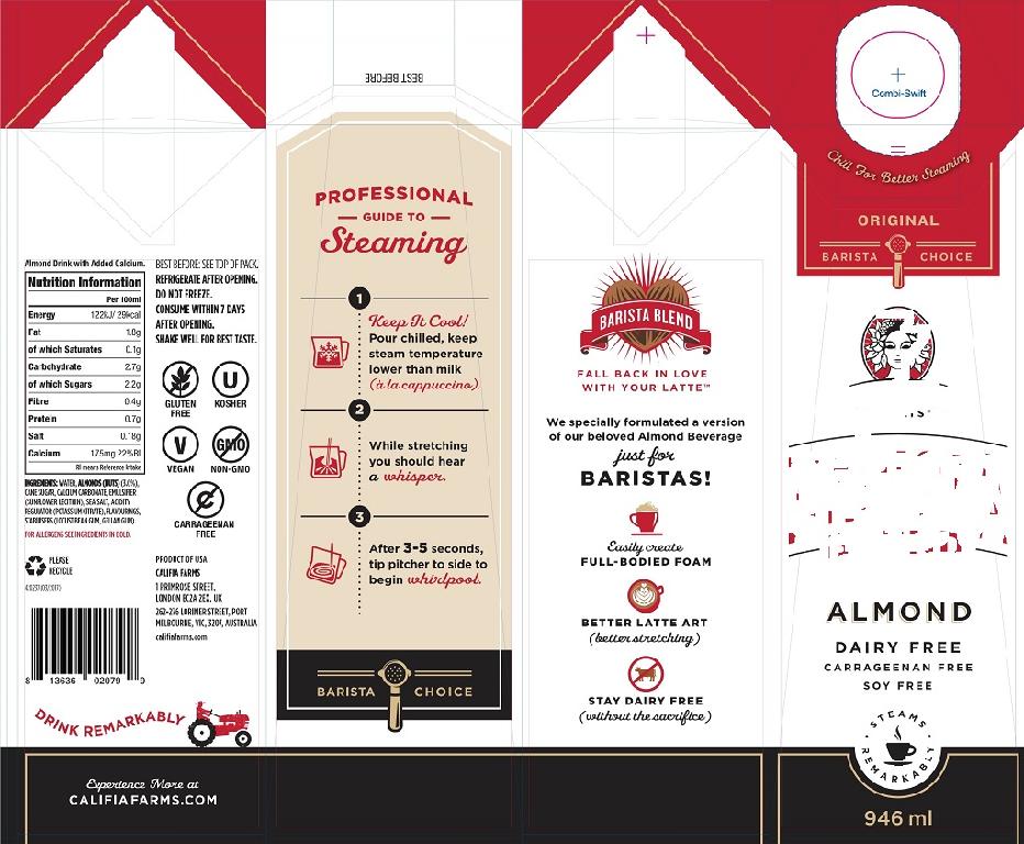 BARISTA BLEND, ALMOND DRINK IN 946 ML CONTAINER
READY TO DRINK
THIS ALMOND DRINK IS SWEETENED
INGREDIENTS 
WATER
ALMOND NUTS
CANE SUGAR
CALCIUM CARBONATE
EMULSIFIER (SUNFLOWER LECITHIN)
SEA SALT
ACIDITY REGULATOR (POTASSIUM CITRATE) FLAVOURINGS
STABILISERS (LOCUST BEAN GUM, GELLAN GUM)
NATRUAL FLAVOURS
ALLERGENS: CONTAINS ALMONDS