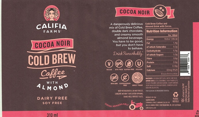 COLD BREW COFFEE DRINK 310ML CONTAINER FLAVOURED AND SWEETENED
INGREDIENTS
COLD BREW COFFEE 
WATER
CANE SUGAR
ALMONDS (NUTS) 
FLAVOURINGS
COCOA POWDER
SEA SALT
EMULSIFIER (SUNFLOWER LECITHIN)
CALCIUM CARBONATE
ACIDITY REGULATOR (POTASSIUM CITRATE)
STABILISERS (LOCUST BEAN GUM, GELLAN GUM)