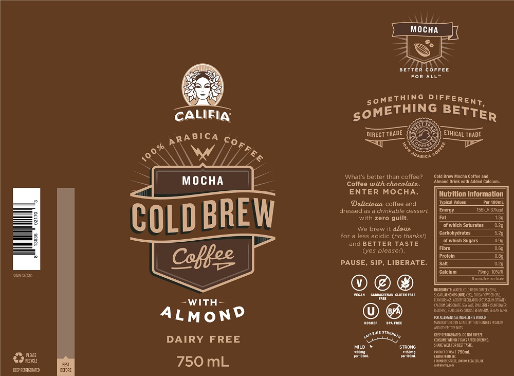 MOCHA DRINK, IN 750ML CONTAINER
READY TO DRINK
THIS MOCHA COFFEE DRINK IS SWEETENED
INGREDIENTS
WATER 
COLD BREW COFFEE 
CANE SUGAR 
ALMONDS 
COCOA POWDER (PROCESSED WITH ALKALI) 
ACIDITY REGULATOR (POTASSIUM CITRATE) 
FLAVOURINGS 
CALCIUM CARBONATE 
SEA SALT
EMULSIFIER (SUNFLOWER LECITHIN) 
STABLILISER (LOCUST BEAN GUM, GELLAN GUM)