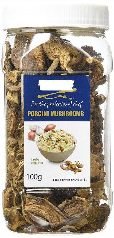100% DRIED PORCINI MUSHROOMS (BOLETUS EDULIS). PUT UP FOR RETAIL SALE IN A 100G JAR.