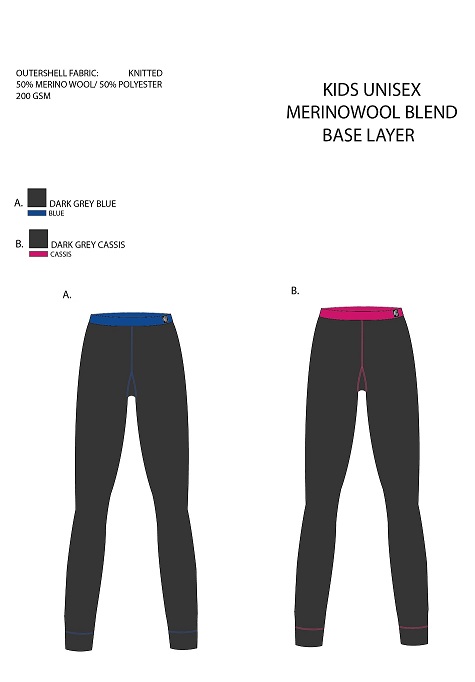 UNISEX KNITTED CHILDREN'S BASE LAYER TROUSERS.  BLACK IN COLOUR WITH CONTRASTING EDGING AROUND THE GARMENT.  ELASTICATED WAIST, FLAT SEAMS FOR COMFORT.  MADE FROM 50% MERINO WOOL AND 50% POLYESTER.  NATURAL WICKING AND ANTIBACTERIAL PROPERTIES.  MEASURES LESS THAN 1.5MM IN THICKNESS.  TO BE WORN UNDERNEATH CLOTHING AS AN EXTRA LAYER.  TO BE SOLD WITH MATCHING BASE LAYER T-SHIRT CLASSIFIED SEPERATELY.