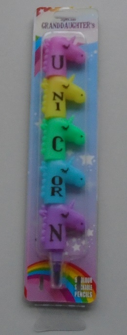 A SET OF 5 SMALL COLOURED STACKABLE PENCILS IN THE SHAPE OF A UNICORNS HEAD,  THESE STACK ON TOP OF ONE ANOTHER AND HAVE LETTERS ON EACH ONE TO SPELL OUT THE WORD "UNICORN" WHEN THEY ARE STACKED TOGETHER.  THE UNICORNS CONSIST OF A PINK, YELLOW, GREEN, BLUE AND PURPLE HEAD. PACKAGED TOGETHER WITH THE WORDING "SPECIAL GRANDDAUGHTERS" ON THE PACK. THE LAST PENCIL IN THE PACK HAS A SMALL PLASTIC CAP TO PROTECT THE LEAD. FOR RETAIL SALE. PACKAGED IN A PRINTED CARD WITH A PLASTIC COVERING