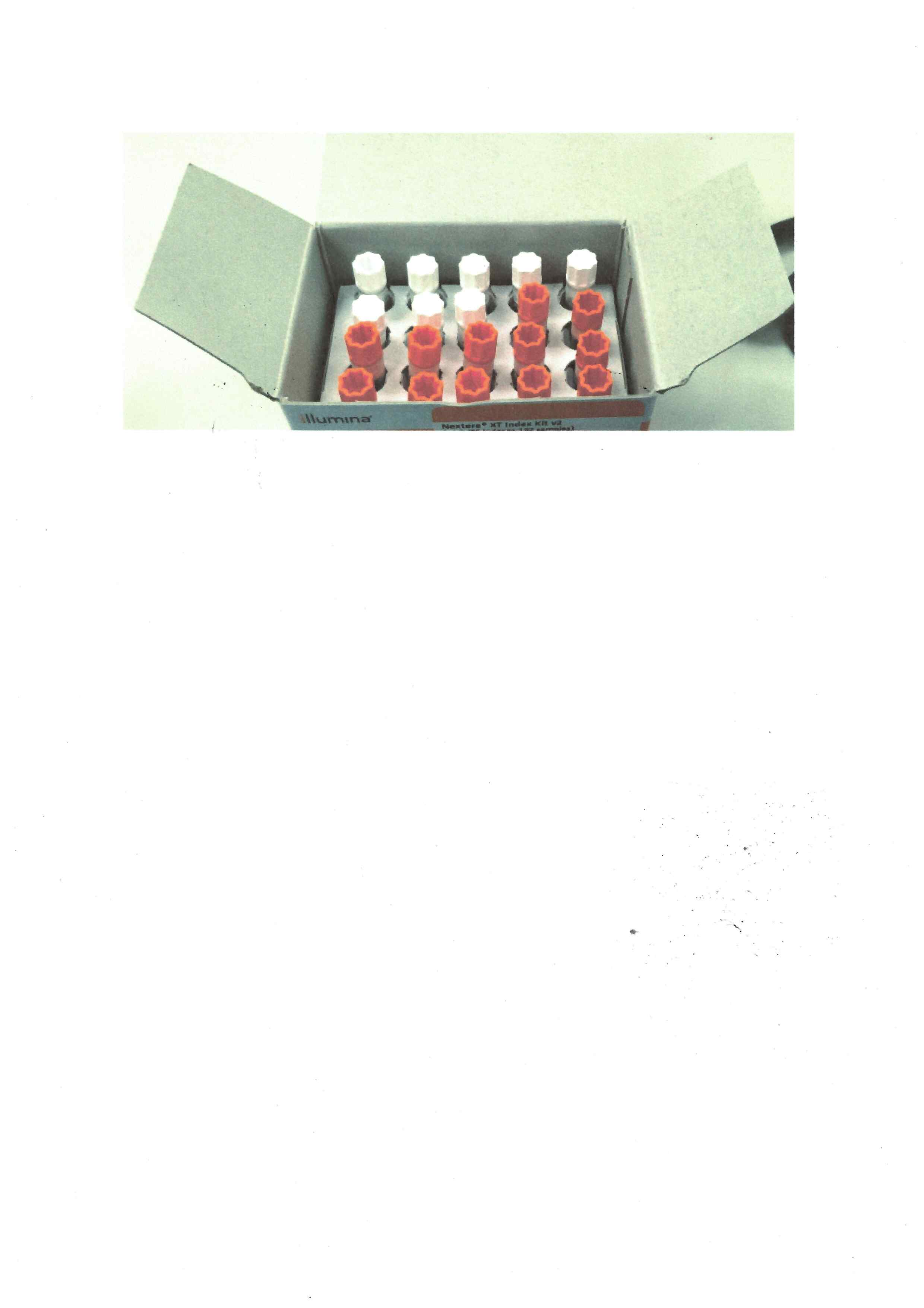 LIBRARY KIT COMPRISING A SERIES OF PLASTIC TEST TUBES WITH COLOURED PLASTIC CAPS,  CONTAINING DIAGNOSTIC REAGENTS FOR LABORATORY USE. THESE REAGENTS ARE FOR SEQUENCING LIBRARY PREPARATIONS OF UP TO 384 SAMPLES FOR DNA/RNA SEQUENCING. THE SYSTEM IS USED AS PART OF A CUSTOM DNA/RNA LIBRARY KIT, CONTAINING VARIOUS SPECIALISED DIAGNOSTIC REAGENTS, FOR THE ANALYSIS OF RNA(RIBONEUCLEIC ACID) & DNA(DEOXYRIBONUCLEIC ACID) SAMPLES.