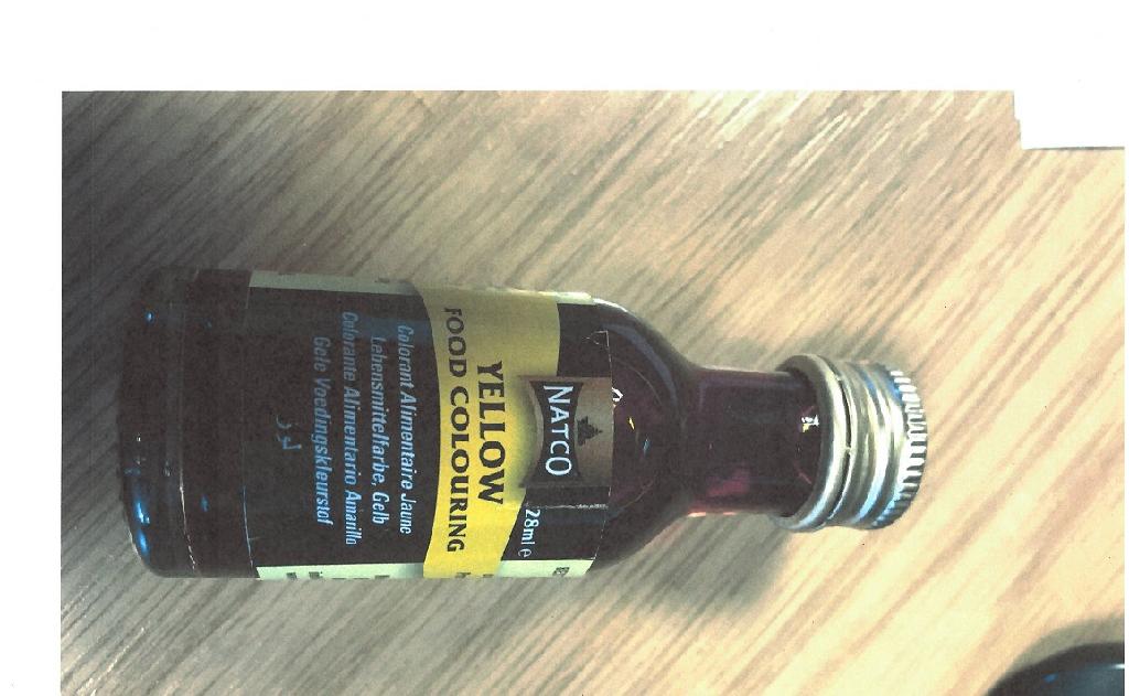 YELLOW FOOD COLOURNG:WATER, TARTRAZINE (E102), CARMOISINE (E122), ACETIC ACID.PUT UP FOR RETAIL SALE IN 28ML BOTTLES