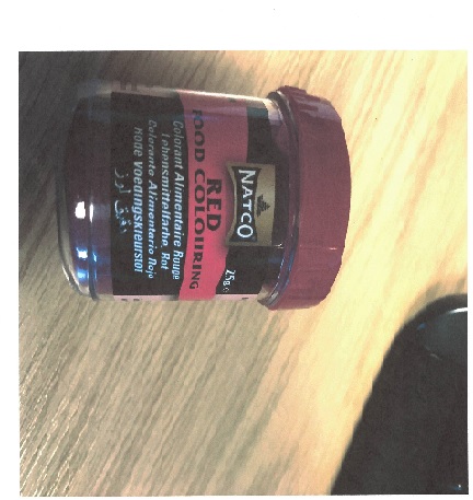 RED FOOD COLOURING IN POWDER FORM. INGREDIENTS :SALT, TARTRAZINE (E102) .ALLURA RED (E129).PUT UP FOR RETAIL SALE IN 25G JARS