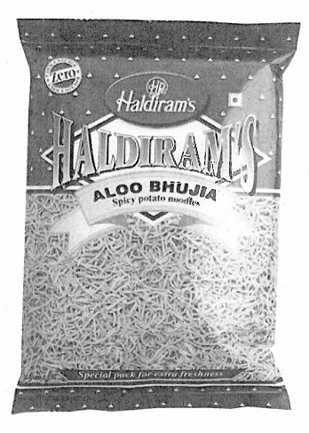 ALOO BHUJIA - SAVOURY SNACK, EXTRUDED SPICY POTATO NOODLES PACKAGED IN 200G READY TO EAT BAGS. INGREDIENTS: 
POTATO, VEGETABLE OIL (COTTON SEED, CORN AND PALM) (IN VARIABLE PROPORTIONS) 
CHICK PEA FLOUR, MIXED SPICES (CORRIANDER POWDER, CUMIN POWDER, MANGO POWDER, GINGER POWDER, RED CHILLI POWDER, MACE POWDER, NUTMEG POWDER, MINT LEAF POWDER) TEPARY BEAN FLOUR, STARCH (SAGO) SALT, CITRIC ACID E330.